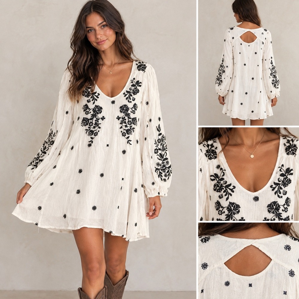 Free People Embroidered Tunic Top Ivory Black Floral Boho Peasant Gauze XS Read